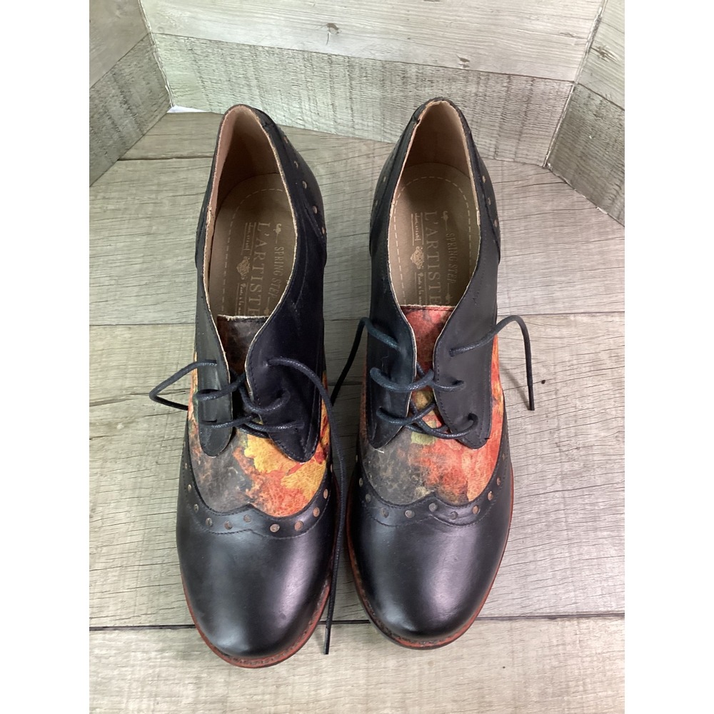 Spring Step LArtiste Women Black Leather Floral Wingtip Oxford Heels Size 40 - Picture 4 of 9